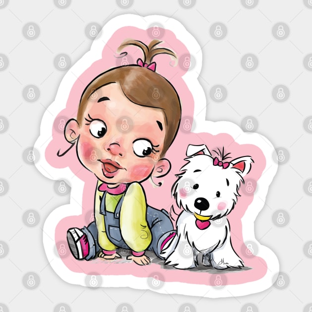 Little girl and westie puppy Sticker by Teeject